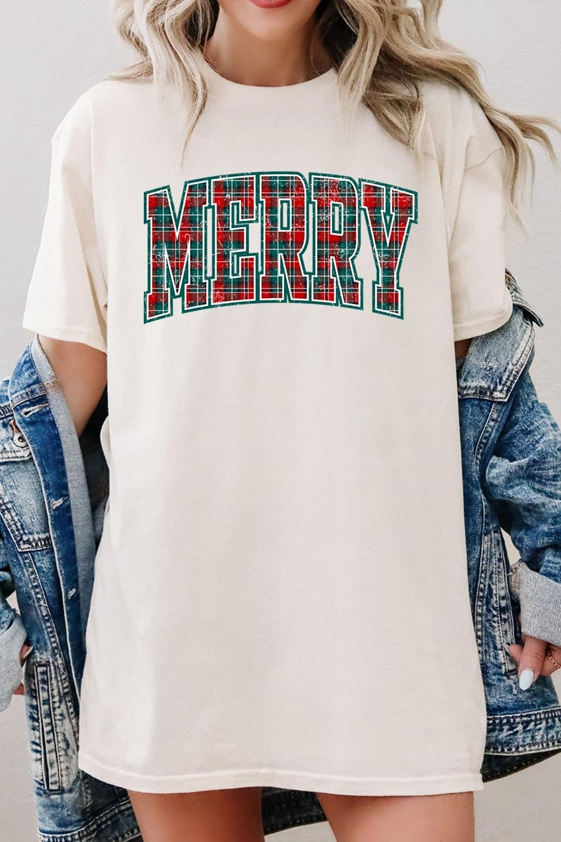 5000-E3210 Classic Plaid Merry Graphic Heavy Cotton Tee $9