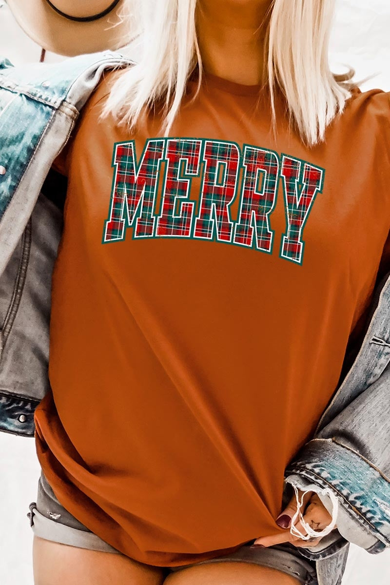 US3001P-E3210 Classic Plaid Merry Graphic Plus Tee $16