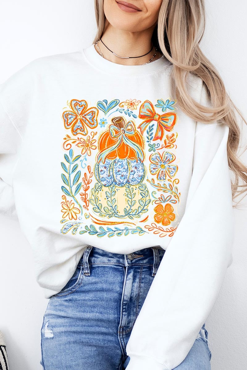 UL180P-E3153 Floral Pumpkin Stack Graphic Plus Sweatshirt $25