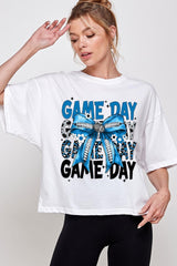 CTS-E3089 Blue Silver Football Game Day Bow Relaxed Crop Top $11