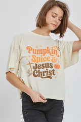 CTS-E3164 Pumpkin Spice & Jesus Graphic Relaxed Crop Top $11
