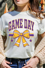 US3001-E3063 Purple Game Day Football Bow Graphic Tee $12.5