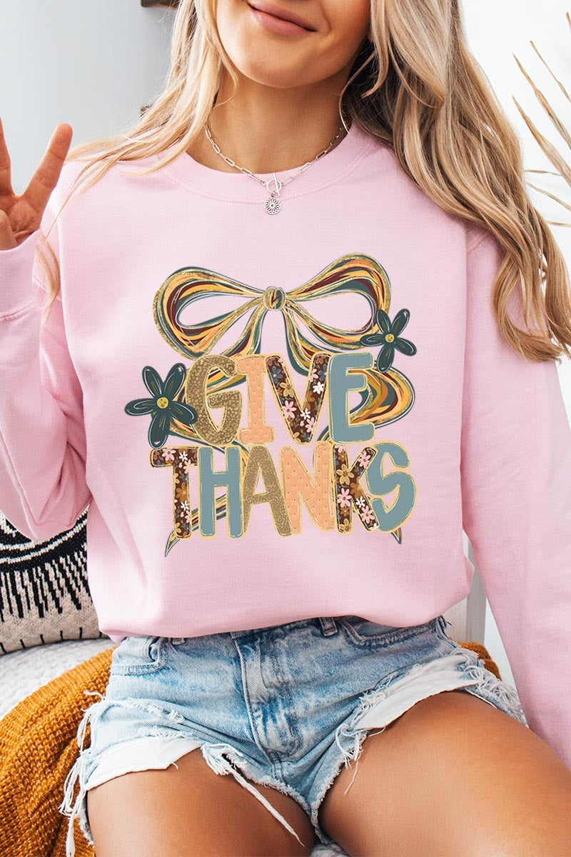 UL180P-E3154 Give Thanks Bow Graphic Plus Sweatshirt $25