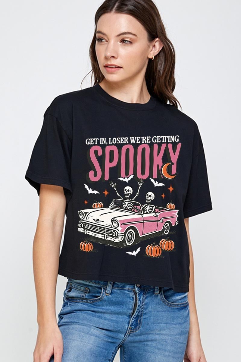 CTS-E3142 Spooky Skeleton Graphic Relaxed Crop Top $11