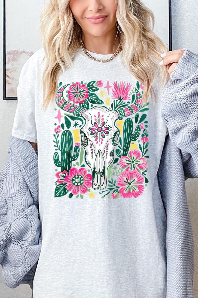 5000-E3086 Western Floral Cow Skull Graphic Heavy Cotton Tee $9