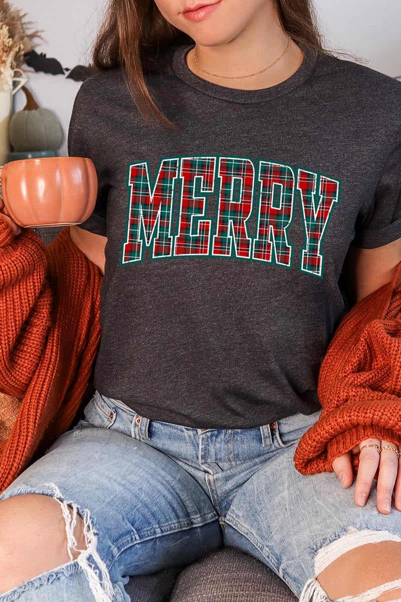 US3001-E3210 Classic Plaid Merry Graphic Tee $12.5