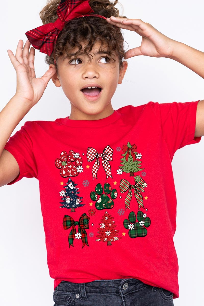 US3001Y-E3195Z Christmas Bow Paw Kids Graphic Tee $11