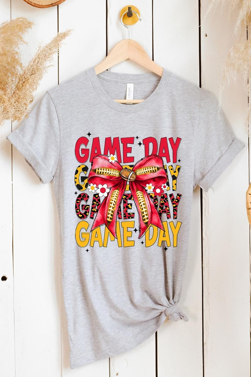 US3001-E3091 Red Yellow Football Game Day Bow Graphic Tee $12.5