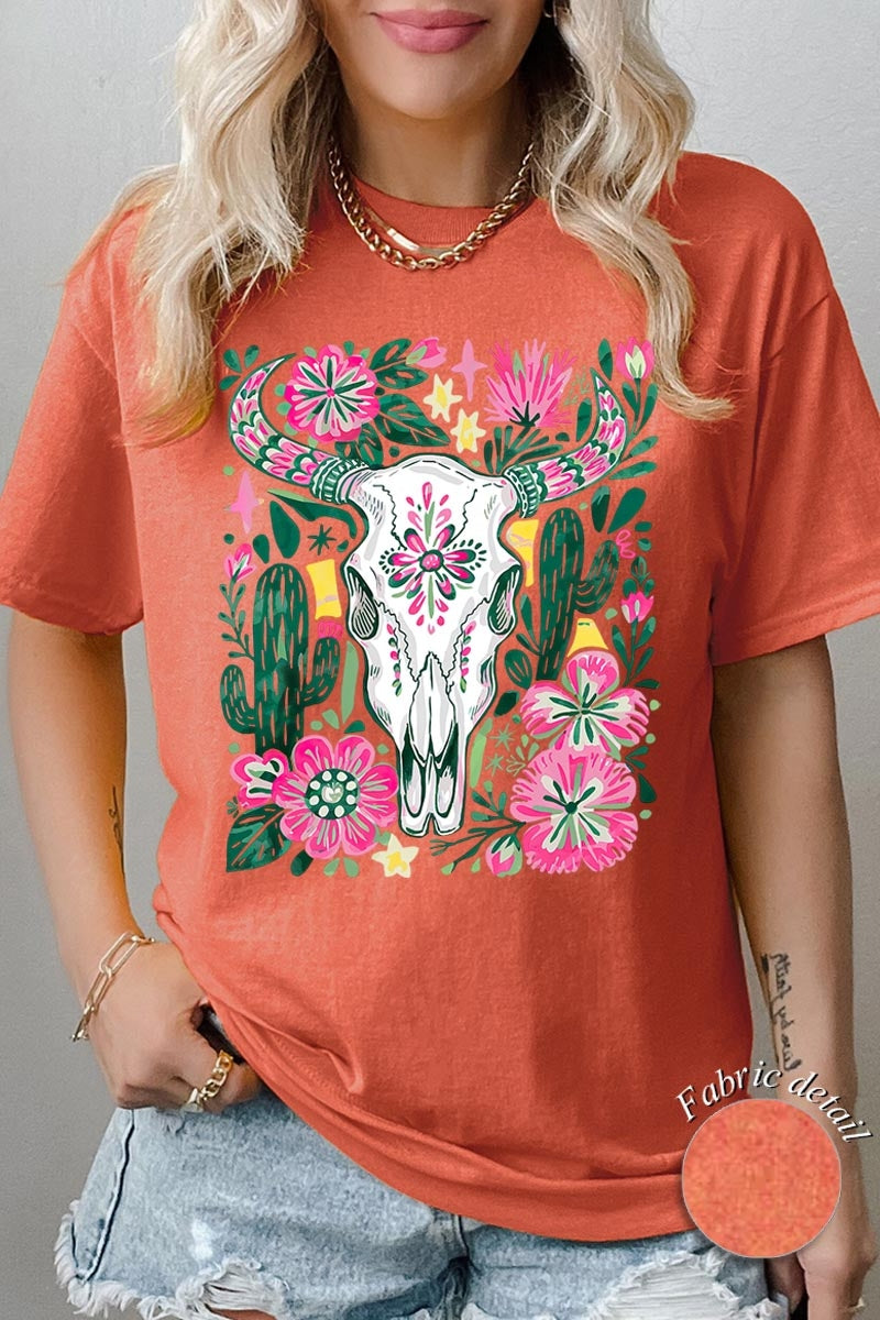 5000-E3086 Western Floral Cow Skull Graphic Heavy Cotton Tee $9