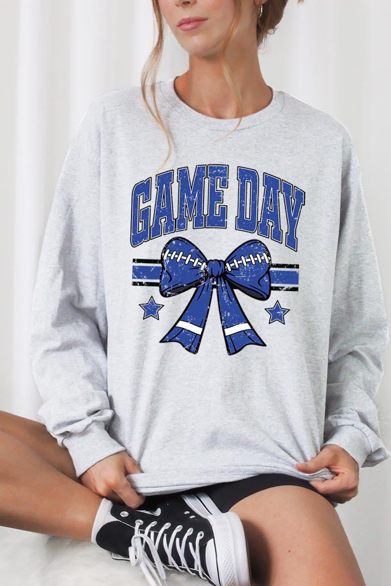 UL240P-E3065 Blue Game Day Football Bow Plus Long Sleeve Tee $17