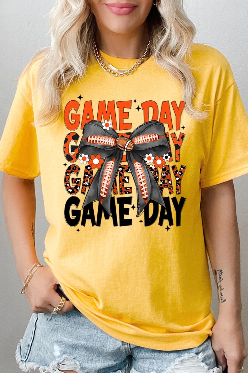 5000P-E3088 Orange Black Football Bow Plus Heavy Cotton Tee $12.75