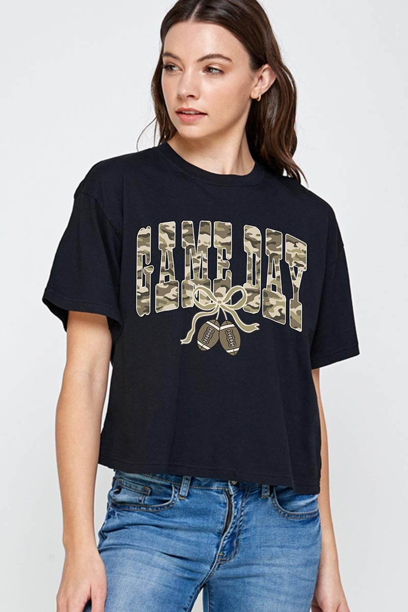 CTS-E3131 Football Game Day Camo Graphic Relaxed Crop Top $11