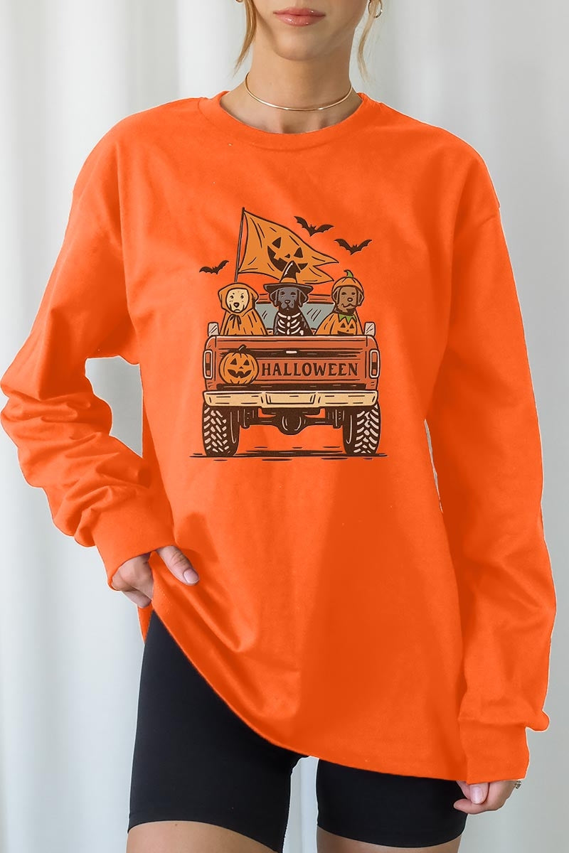 UL240P-E3150 Halloween Truck Dogs Graphic Plus Long Sleeve Tee $17