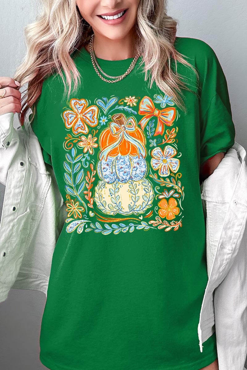 5000P-E3153 Floral Pumpkin Stack Graphic Plus Heavy Cotton Tee $12.75