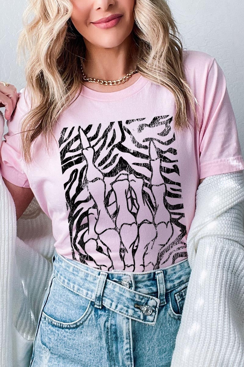 US3001P-E3177 Skeleton Hands Zebra Graphic Plus Tee $16