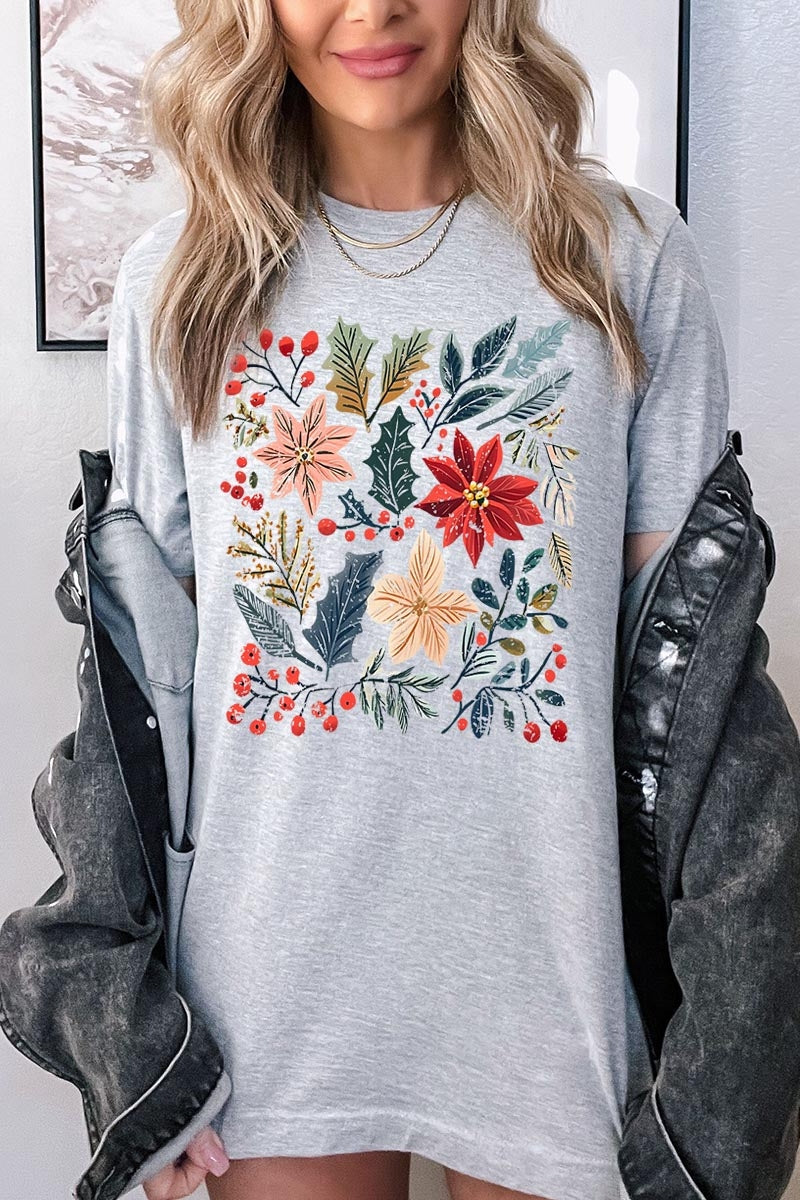 US3001P-E3186 Floral Christmas Graphic Plus Tee $16