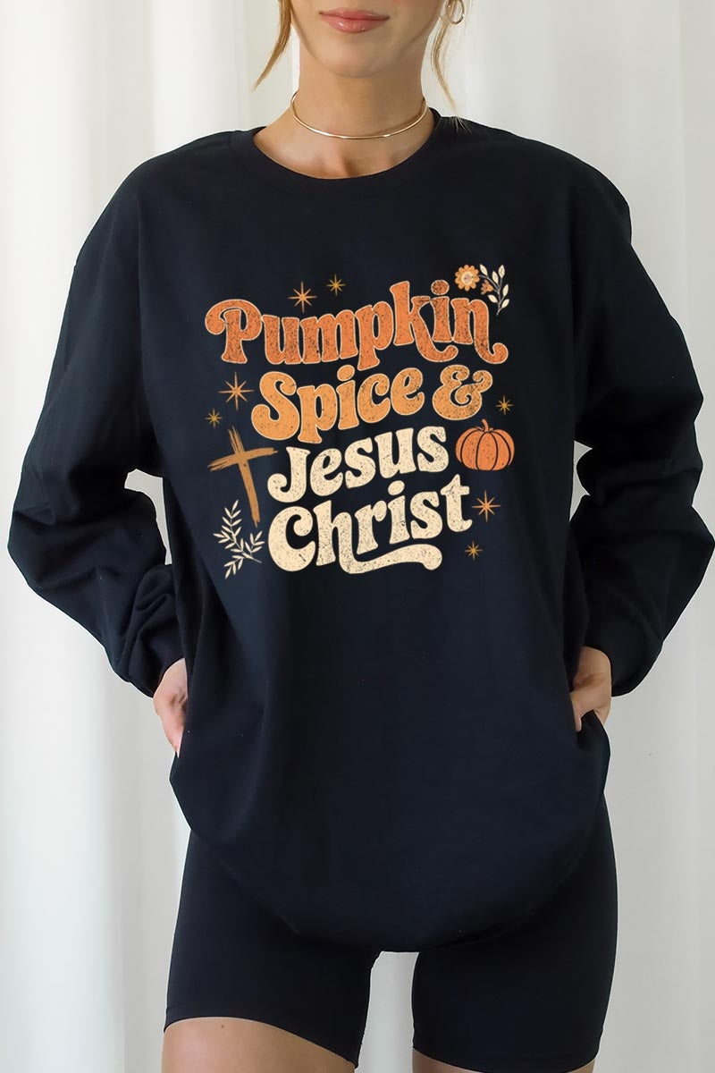 UL240-E3164 Pumpkin Spice & Jesus Graphic Long Sleeve Tee $13.75