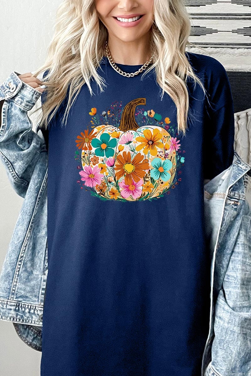 5000-E3118 Floral Pumpkin Graphic Heavy Cotton Tee $9