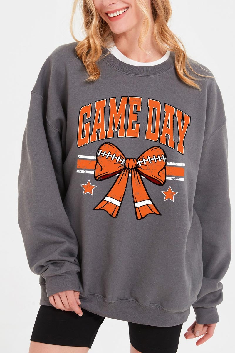 UL180-E3064 Orange Game Day Football Bow Graphic Sweatshirt $20