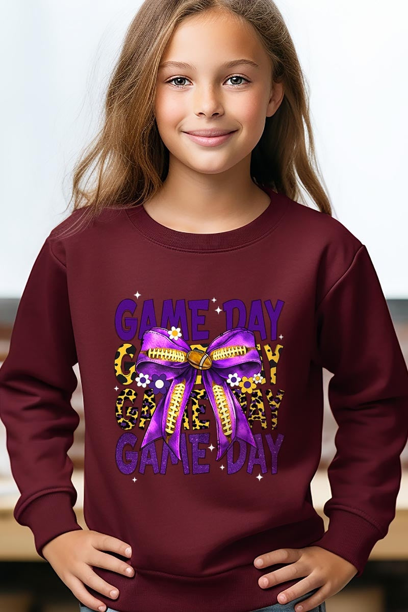 UL180B-E3092Z Purple Yellow Football GameDay Bow Kids Sweatshirt $20