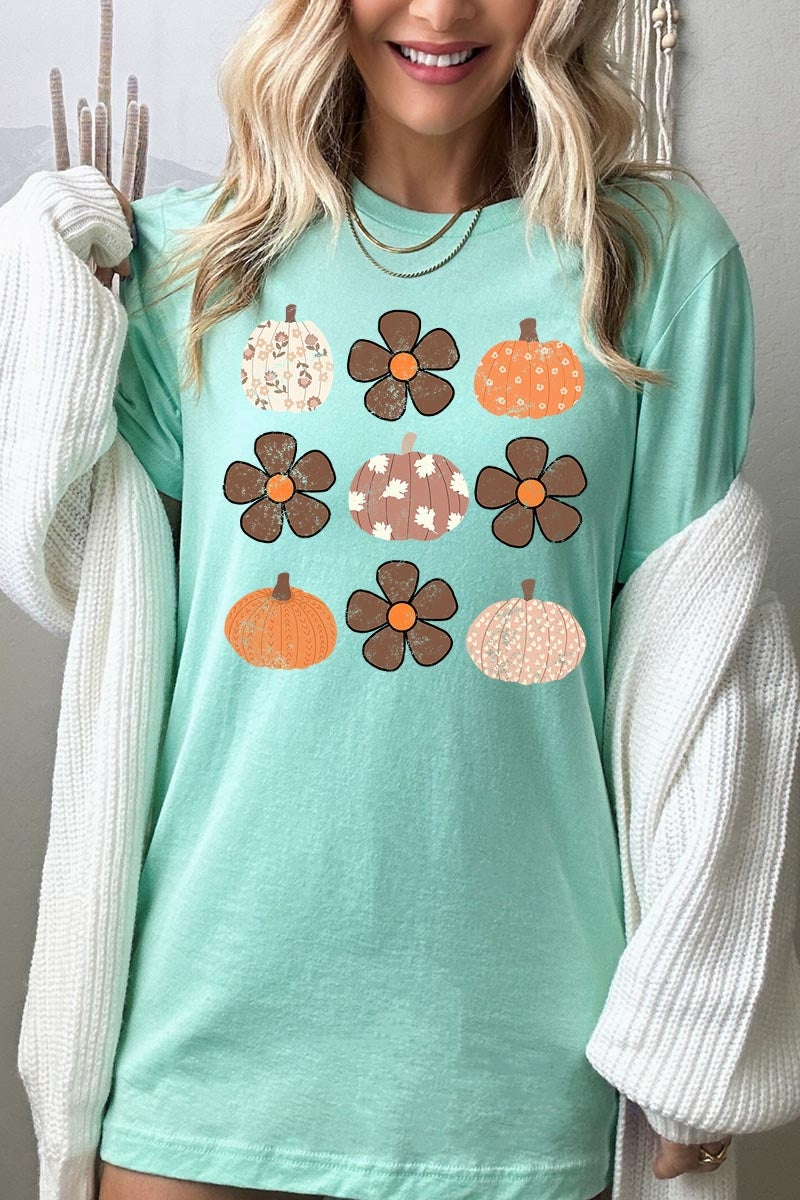 US3001-E3117 Pumpkins & Flowers Fall Graphic Tee $12.5