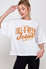 CTS-E3143 Are You Fall O Ween Jesus Graphic Relaxed Crop Top $11