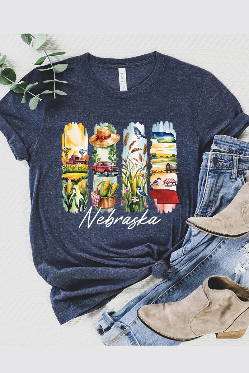 US3001P-E3061NE Nebraska State Brushstroke Graphic Plus Tee $16