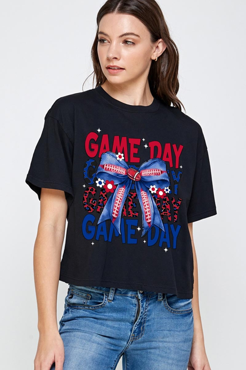 CTS-E3087 Red Blue Football Game Day Bow Relaxed Crop Top $11