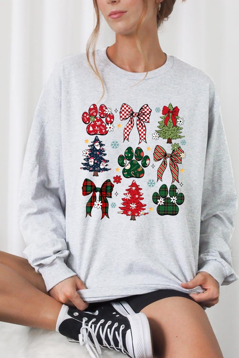 UL240-E3195 Christmas Bow Paw Graphic Long Sleeve Tee $13.75
