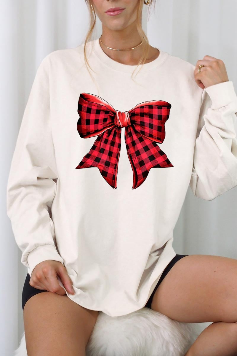 UL240P-E3198 Red Buffalo Plaid Bow Graphic Plus Long Sleeve Tee $17