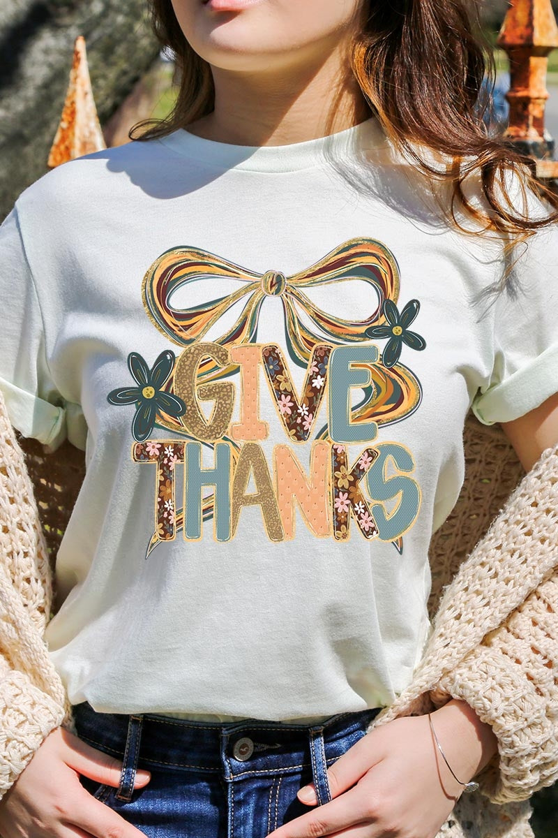 US3001-E3154 Give Thanks Bow Graphic Tee $12.5
