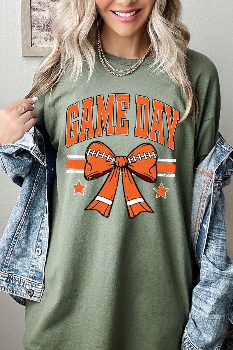 5000-E3064 Orange Football Bow Graphic Heavy Cotton Tee $9