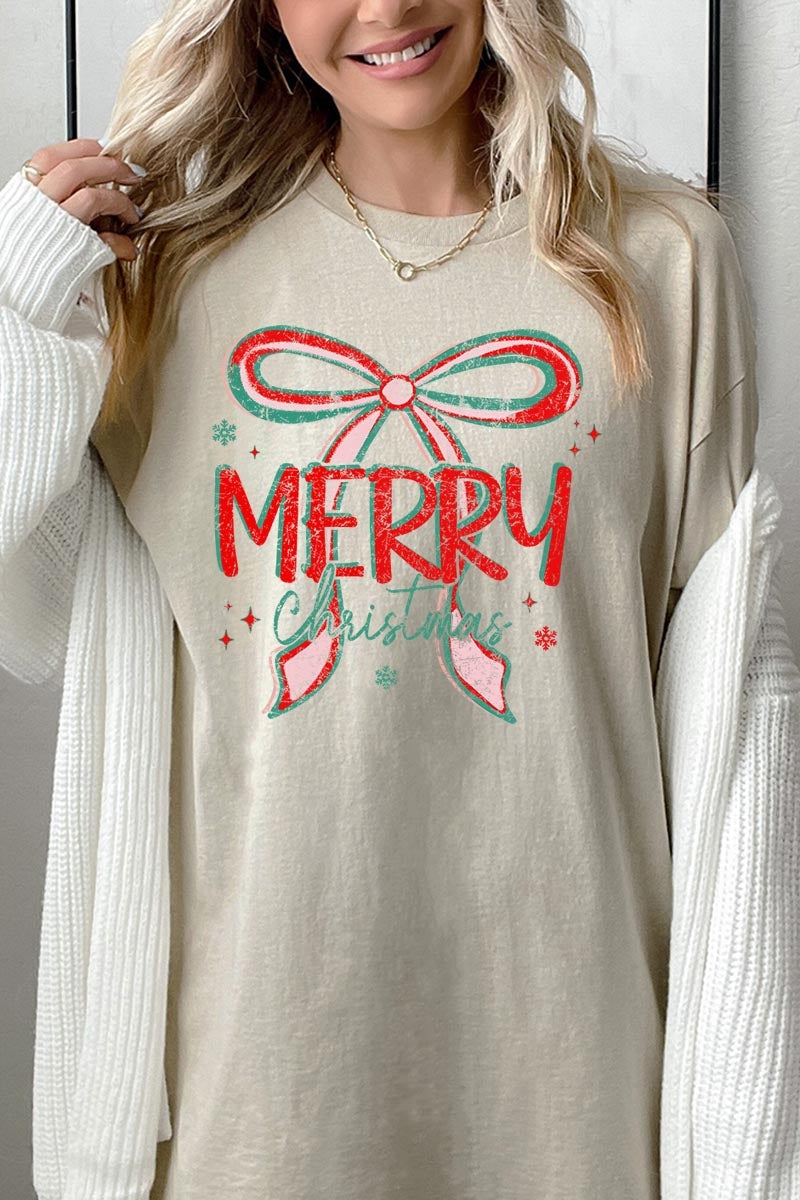 5000-E3197 Merry Christmas Bow Graphic Heavy Cotton Tee $9