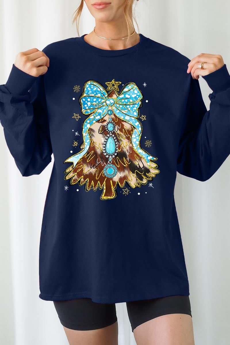UL240P-E3184 Turquoise Christmas Tree Graphic Plus Long Sleeve Tee $17