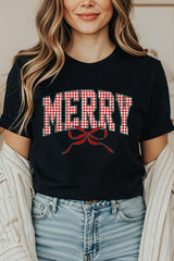 US3001P-E3206 Plaid Merry Christmas Bow Graphic Plus Tee $16