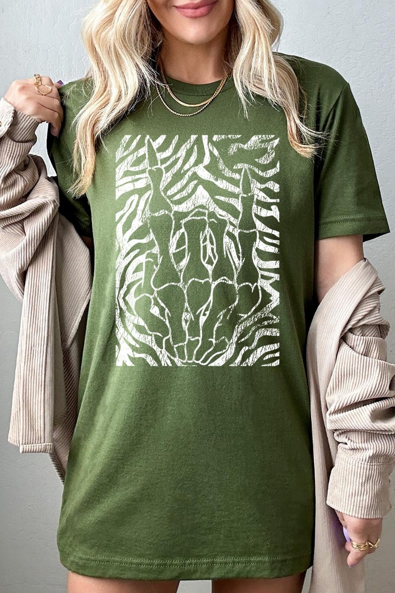 US3001P-E3177 Skeleton Hands Zebra Graphic Plus Tee $16