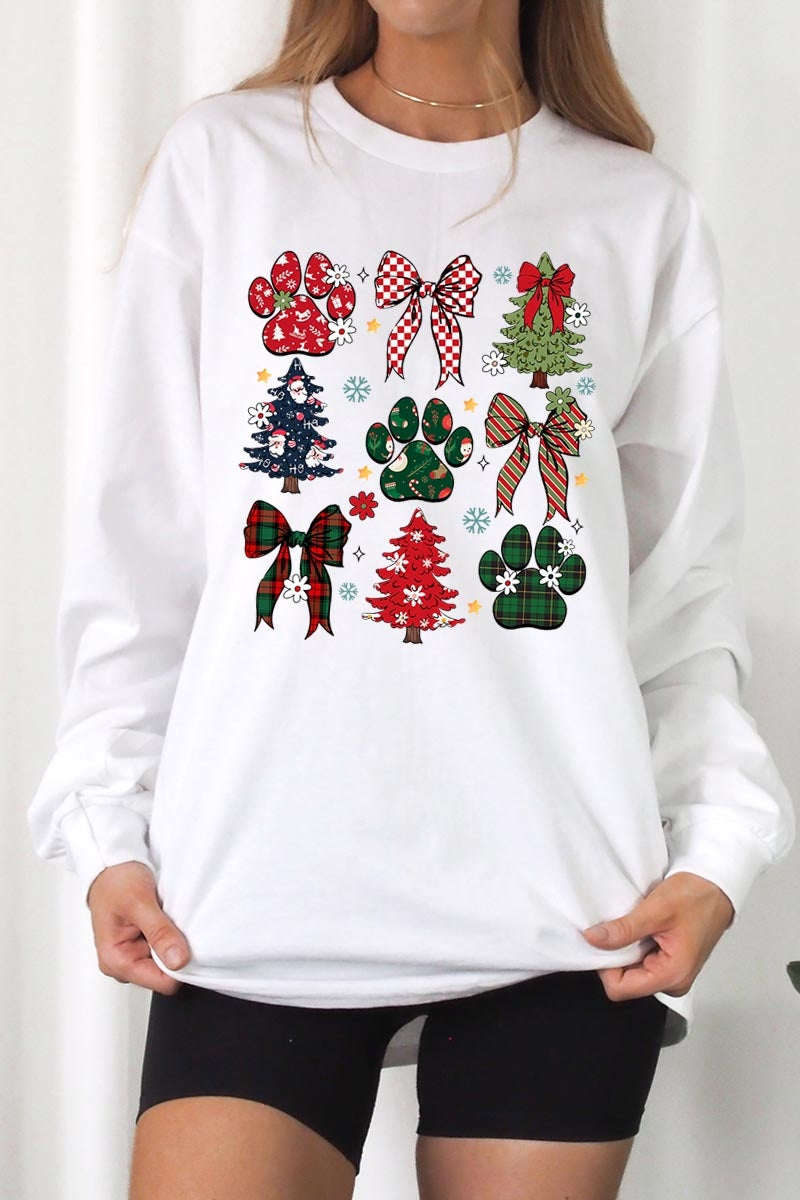 UL240P-E3195 Christmas Bow Paw Graphic Plus Long Sleeve Tee $17