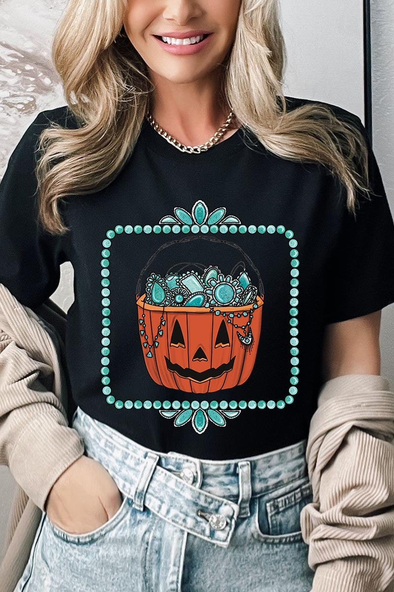 US3001-E3140 Halloween turquoise pumpkin Graphic Tee $12.5