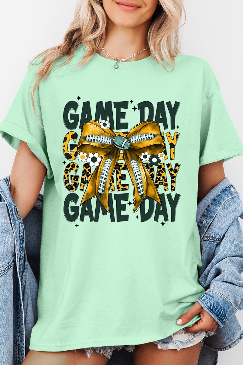 5000P-E3090 Yellow Football Game Day Bow Plus Heavy Cotton Tee $12.75