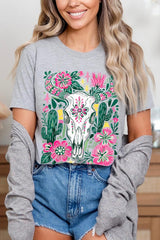 US3001P-E3086 Western Floral Cow Skull Graphic Plus Tee $16