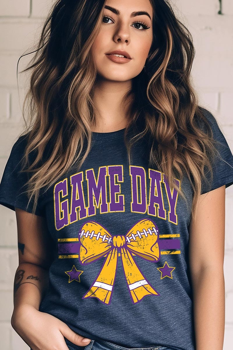 US3001P-E3063 Purple Game Day Football Bow Graphic Plus Tee $16
