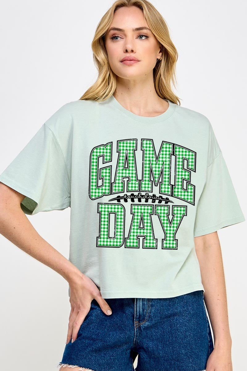 CTS-E3128 Green Gingham Game Day Graphic Relaxed Crop Top $11