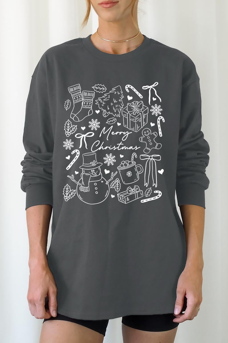 UL240P-E3181 Christmas Doodle Graphic Plus Long Sleeve Tee $17