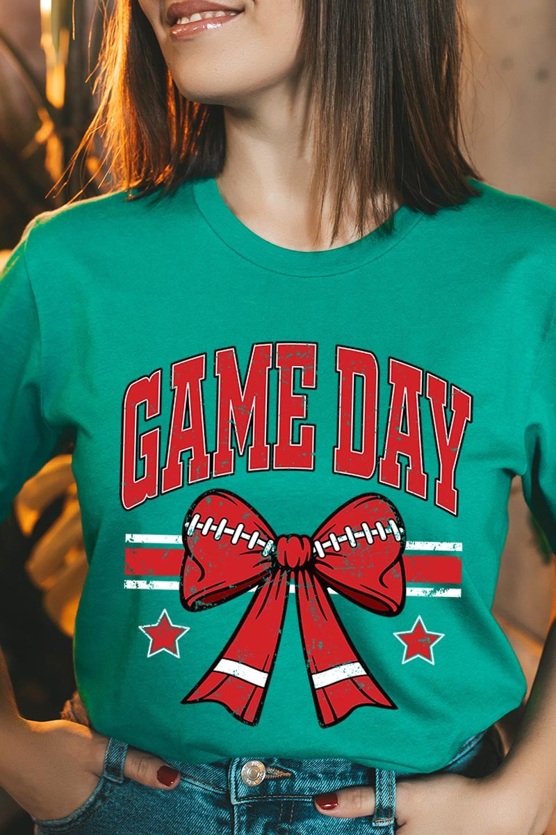 US3001-E3062 Red Game Day Football Bow Graphic Tee $12.5