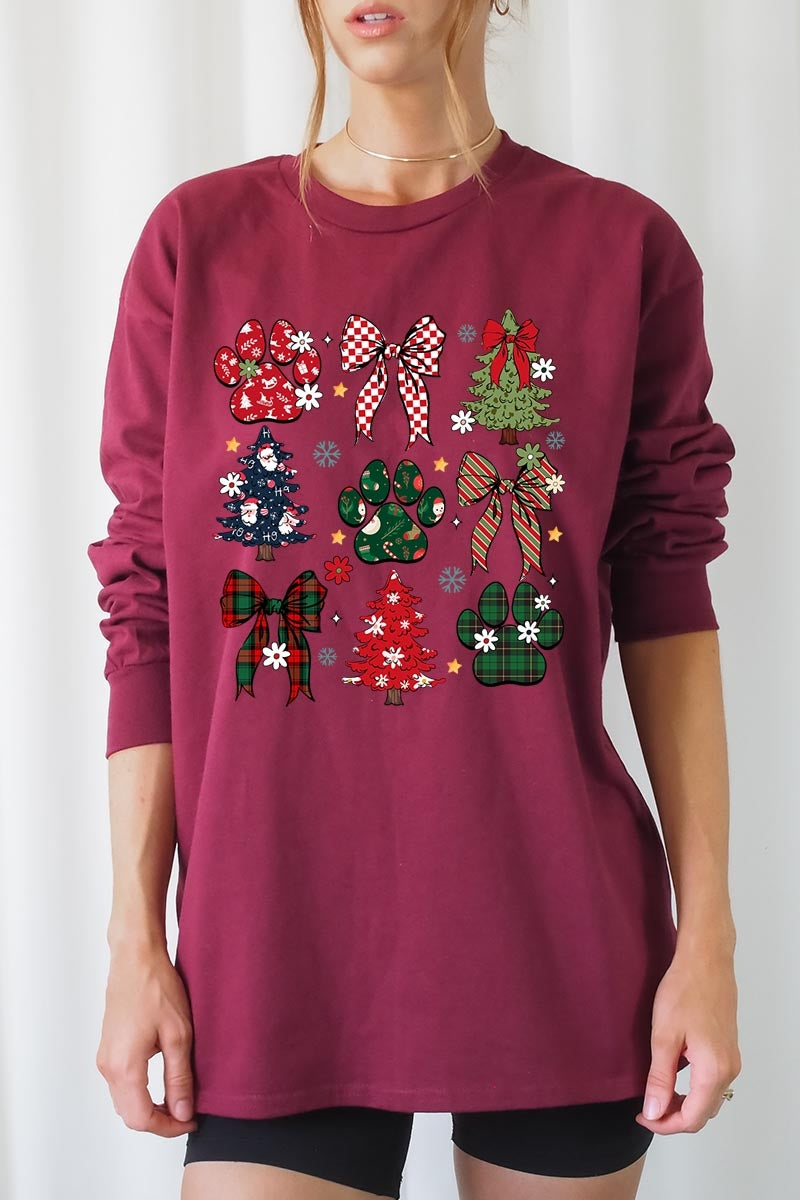 UL240P-E3195 Christmas Bow Paw Graphic Plus Long Sleeve Tee $17