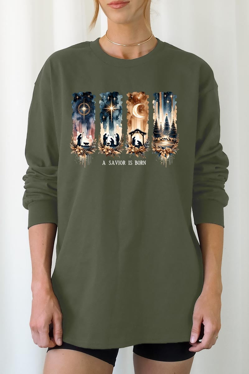 UL240-E3204 Savior Is Born Nativity Graphic Long Sleeve Tee $13.75