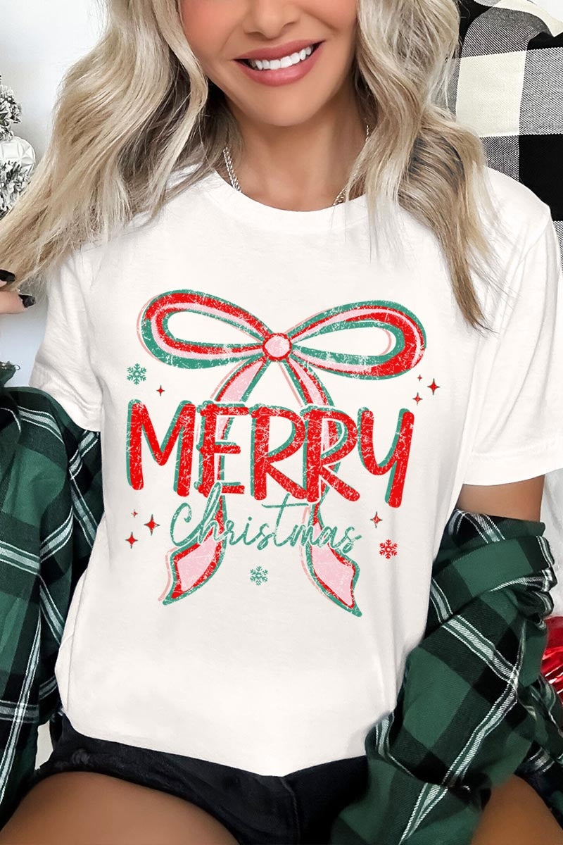 US3001P-E3197 Merry Christmas Bow Graphic Plus Tee $16