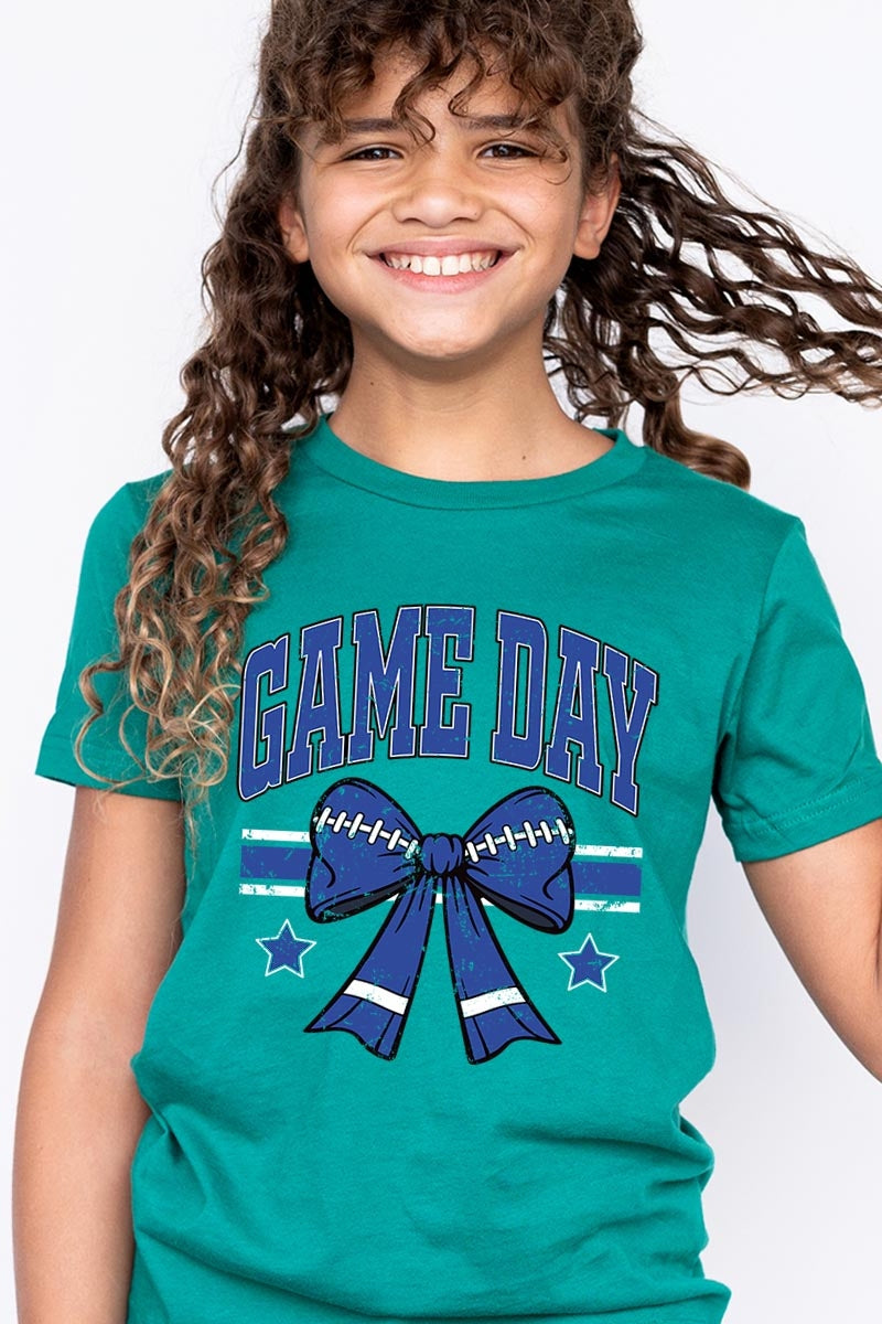 US3001Y-E3065Z Blue Game Day Football Bow Kids Graphic Tee $11