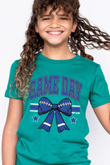 US3001Y-E3065Z Blue Game Day Football Bow Kids Graphic Tee $11