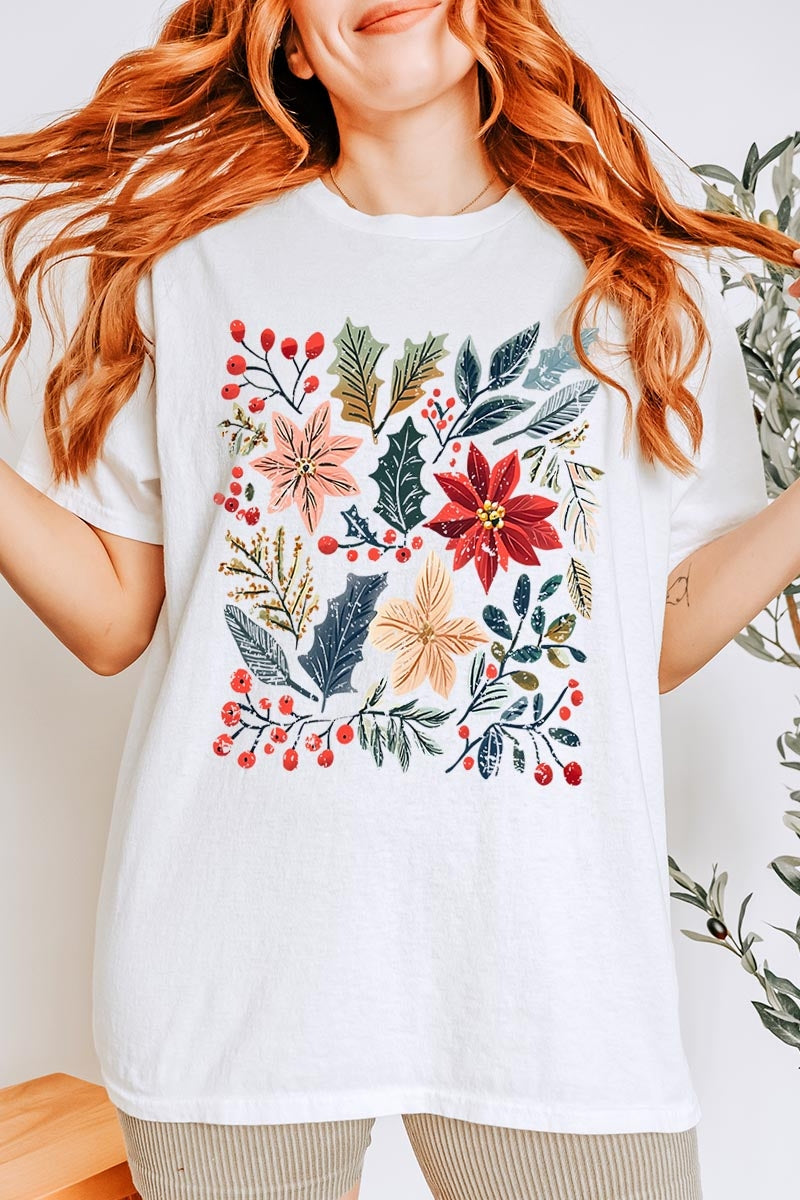 5000-E3186 Floral Christmas Graphic Heavy Cotton Tee $9